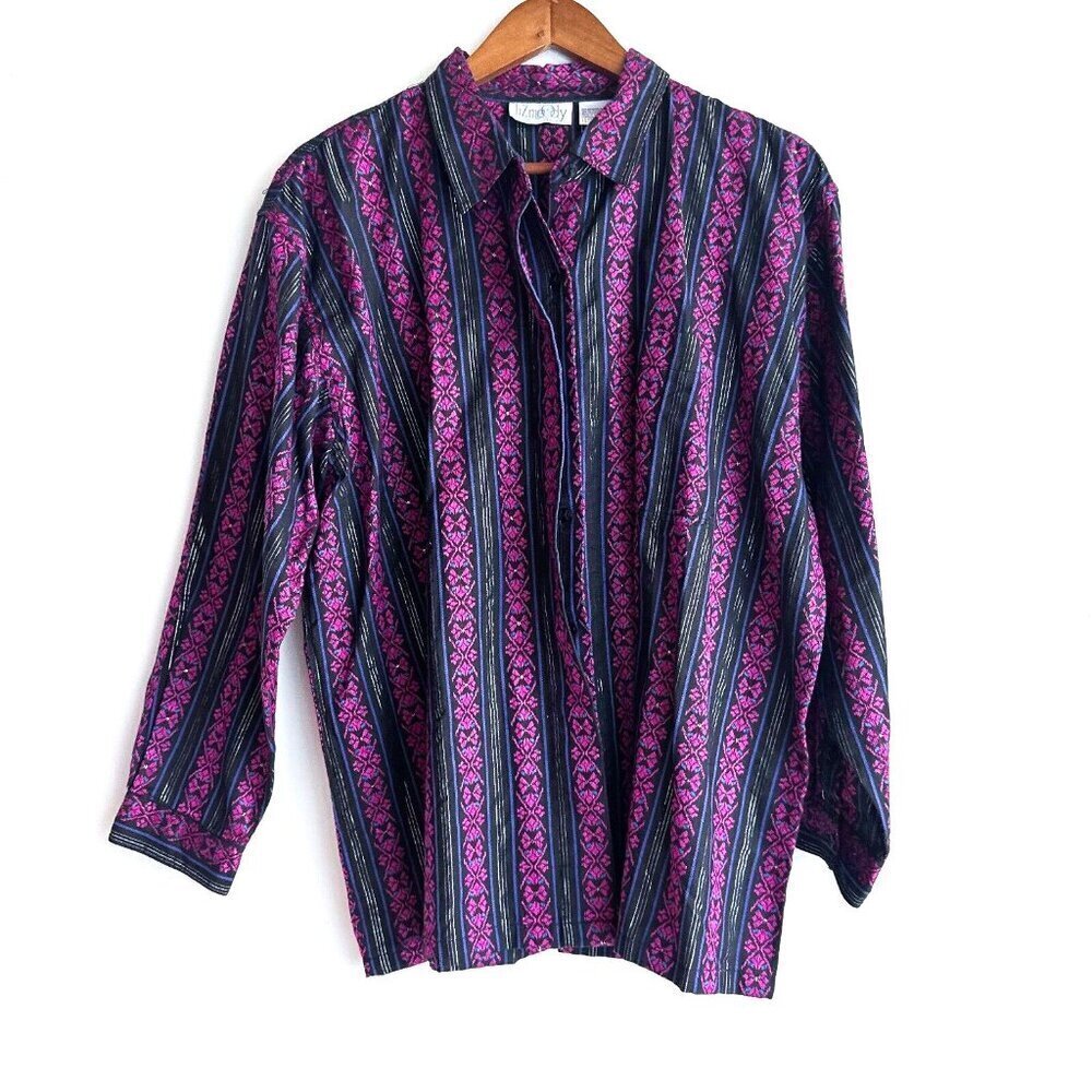 Liz Moody Black pink Embroidered Ethnic Long Sleeve Shirt XL